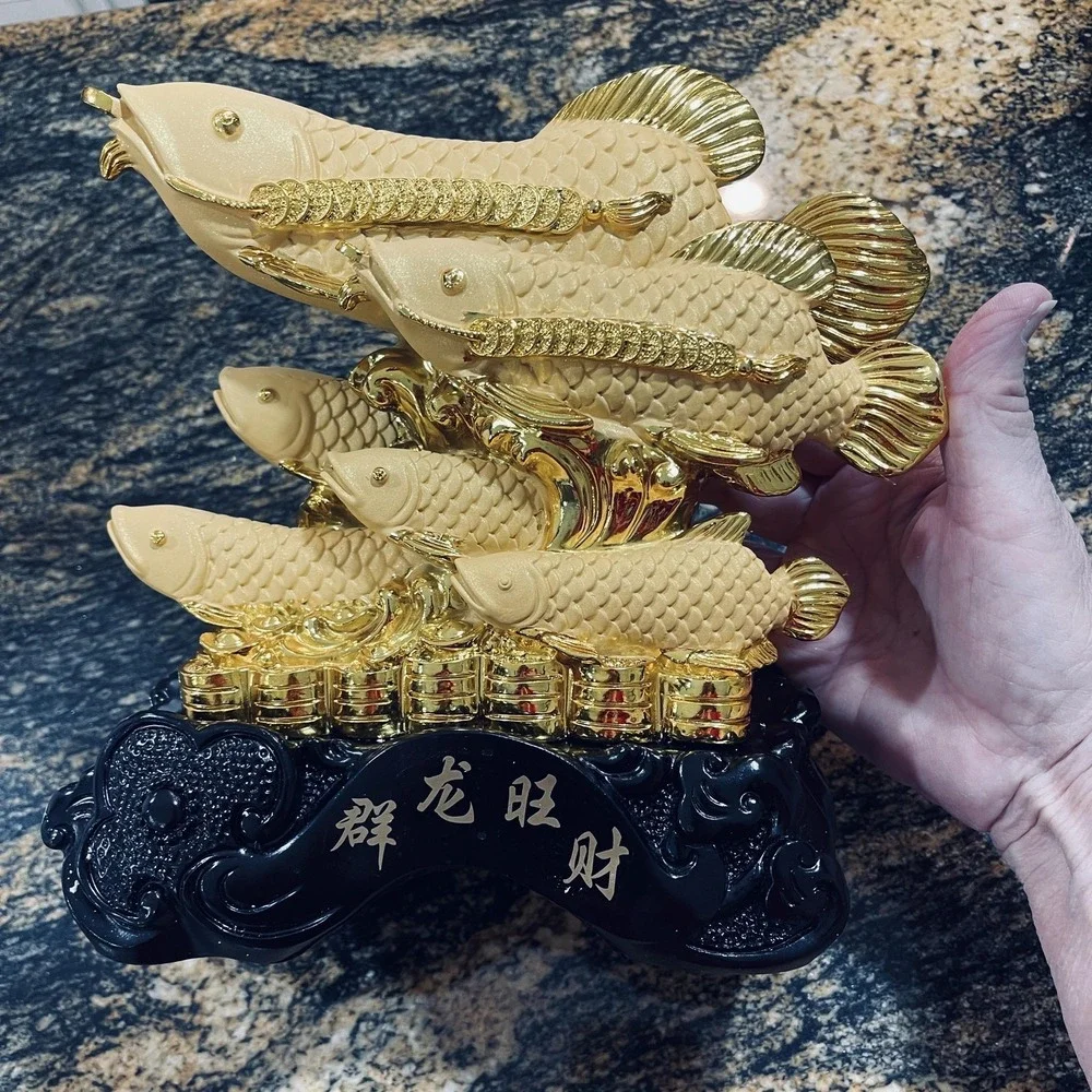 Gold Arowana Fish Feng Shui Resin Figurine Chinese Wealth‎ Coins Decor Small